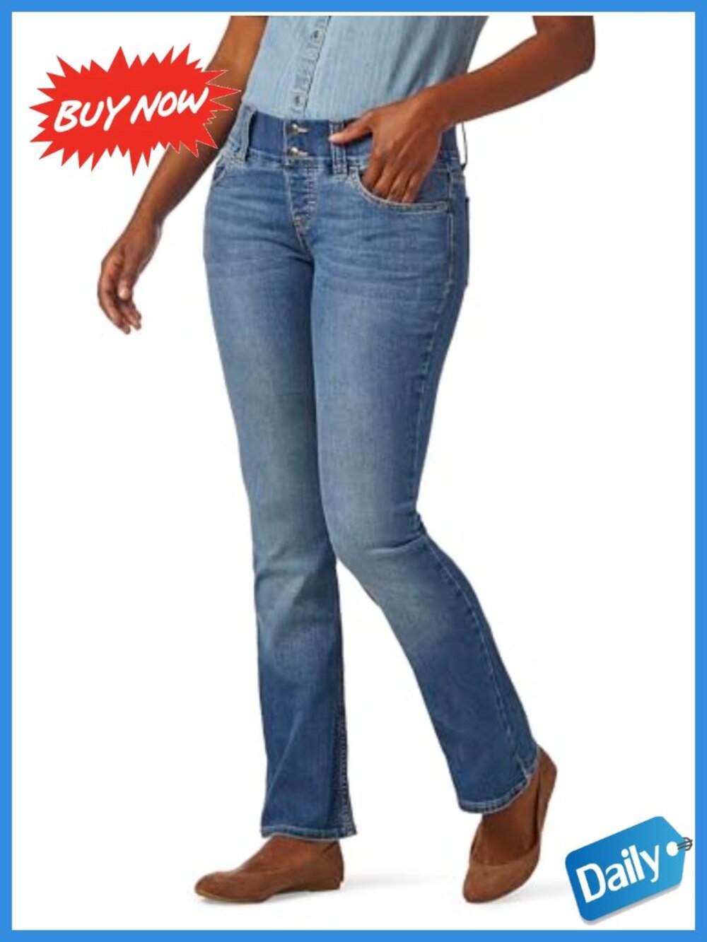 Pull On Waist Smoother Boot Cut Jeans Stretch Denim Mid Rise